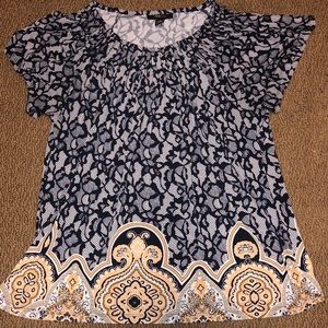 Short sleeve navy, white & orange top